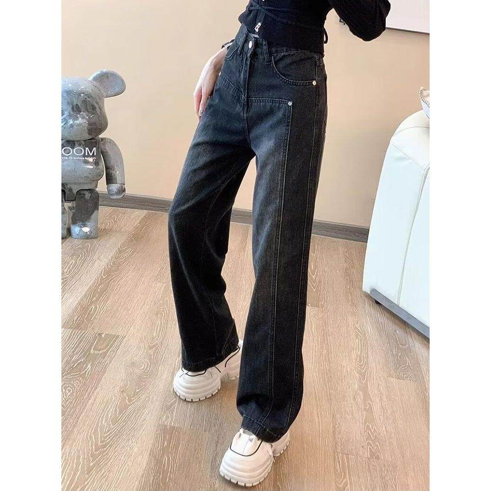 微胖妹妹美式复古牛仔裤女装秋冬款高腰显瘦宽松大码阔腿拖地裤子