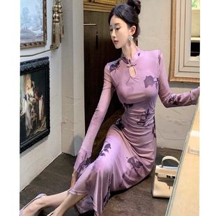 复古盘扣包臀长裙子 年轻款 新中式 国风紫色印花旗袍连衣裙2025秋季