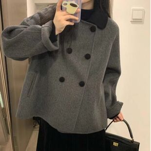 灰色短款呢子大衣女秋冬娃娃领复古加厚小个子韩系赫本风毛呢外套