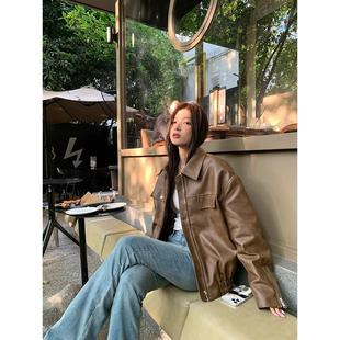 美式复古棕色皮衣外套女2026秋季新款小个子高级感pu皮机车夹克女