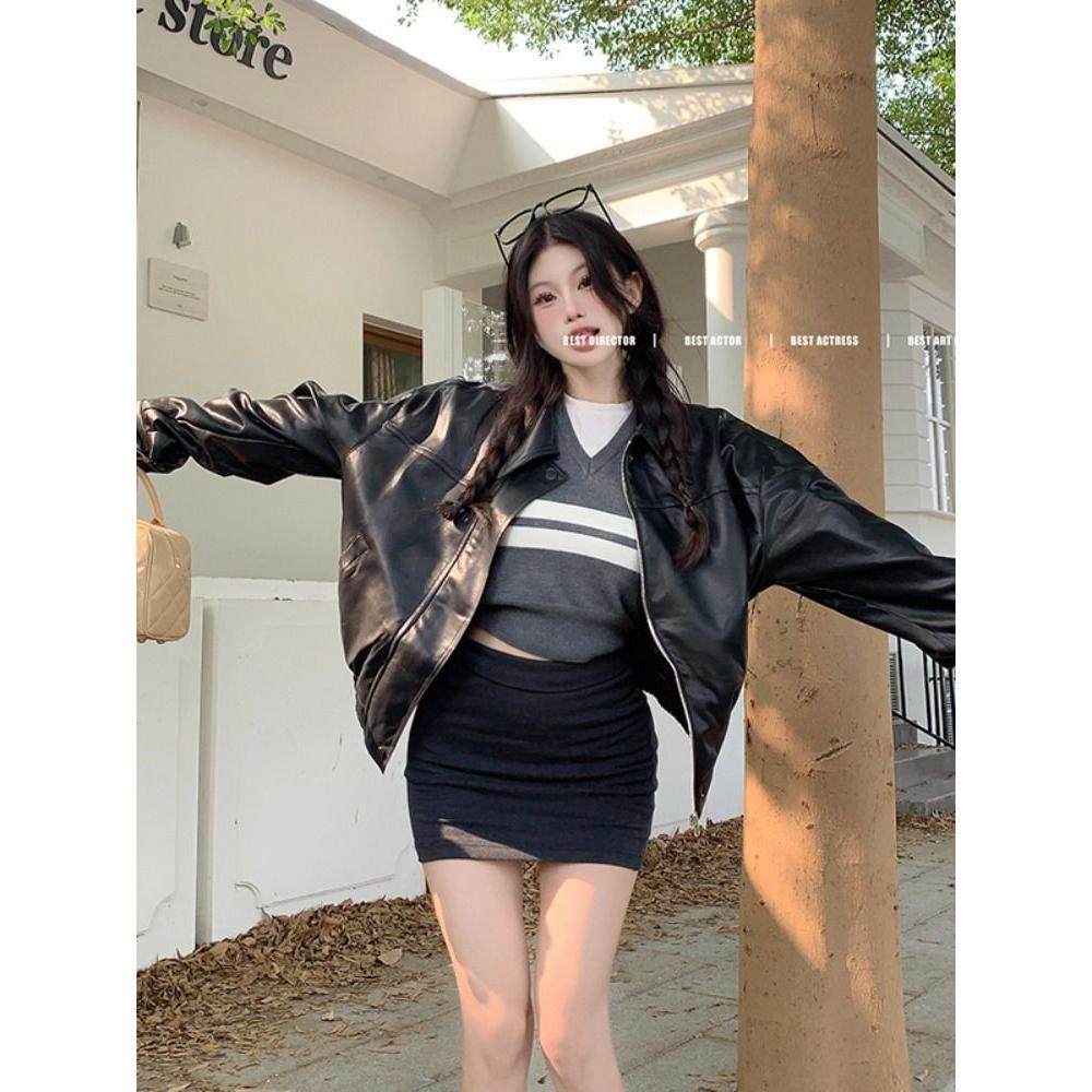 高级感美式复古PU皮长袖外套女秋季宽松显瘦气质咖色夹克机车服,女装/女士精品,皮衣,淘宝优惠券,粉丝福利购,淘宝优惠卷