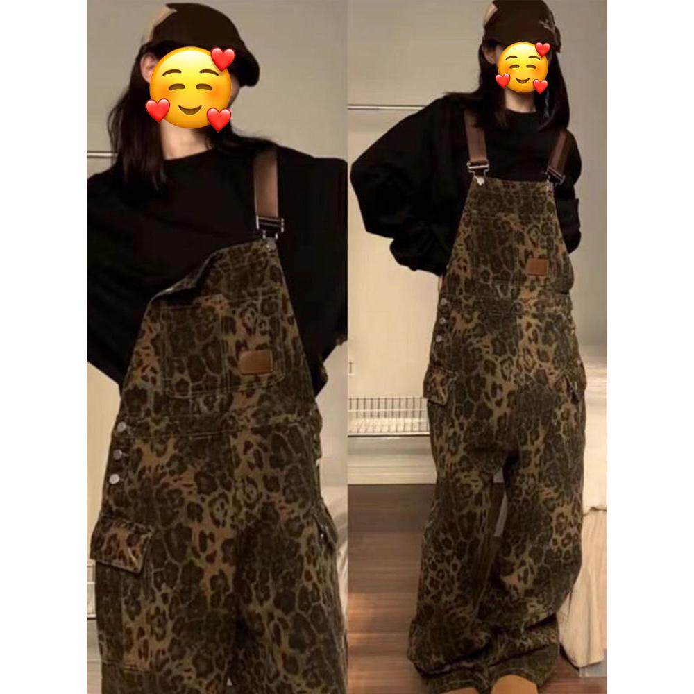 美式复古高街豹纹牛仔背带裤女夏季宽松设计感小众春秋直筒长裤潮