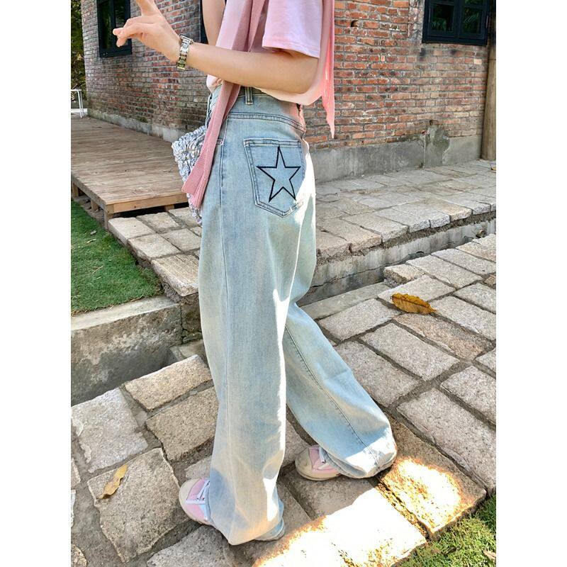 浅色星星刺绣直筒牛仔裤女夏季2025新款小个子高腰宽松阔腿裤子潮