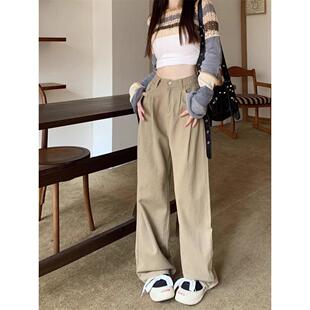 卡其色复古直筒牛仔裤女秋冬季2025年新款高腰显瘦阔腿裤拖地长裤