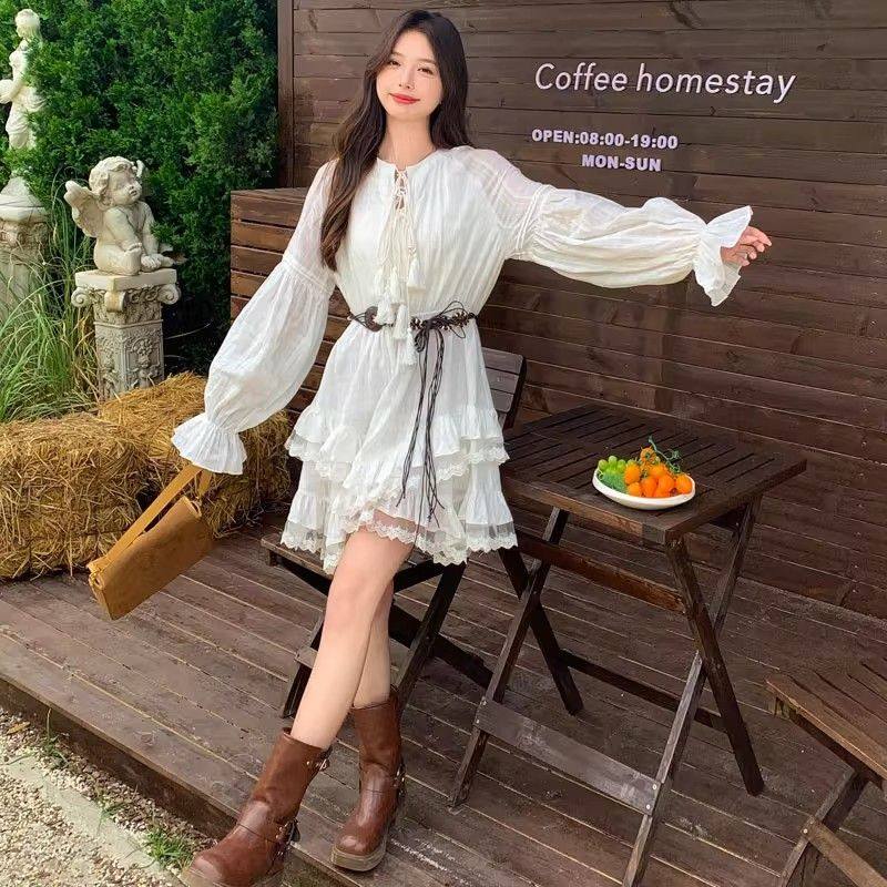 波西米亚度假风超仙白色气质不规则短裙流苏长袖收腰甜美连衣裙女