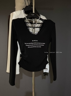 十三行Lucky2025秋冬韩系加厚磨毛拼接蕾丝花边领印花字母打底T桖