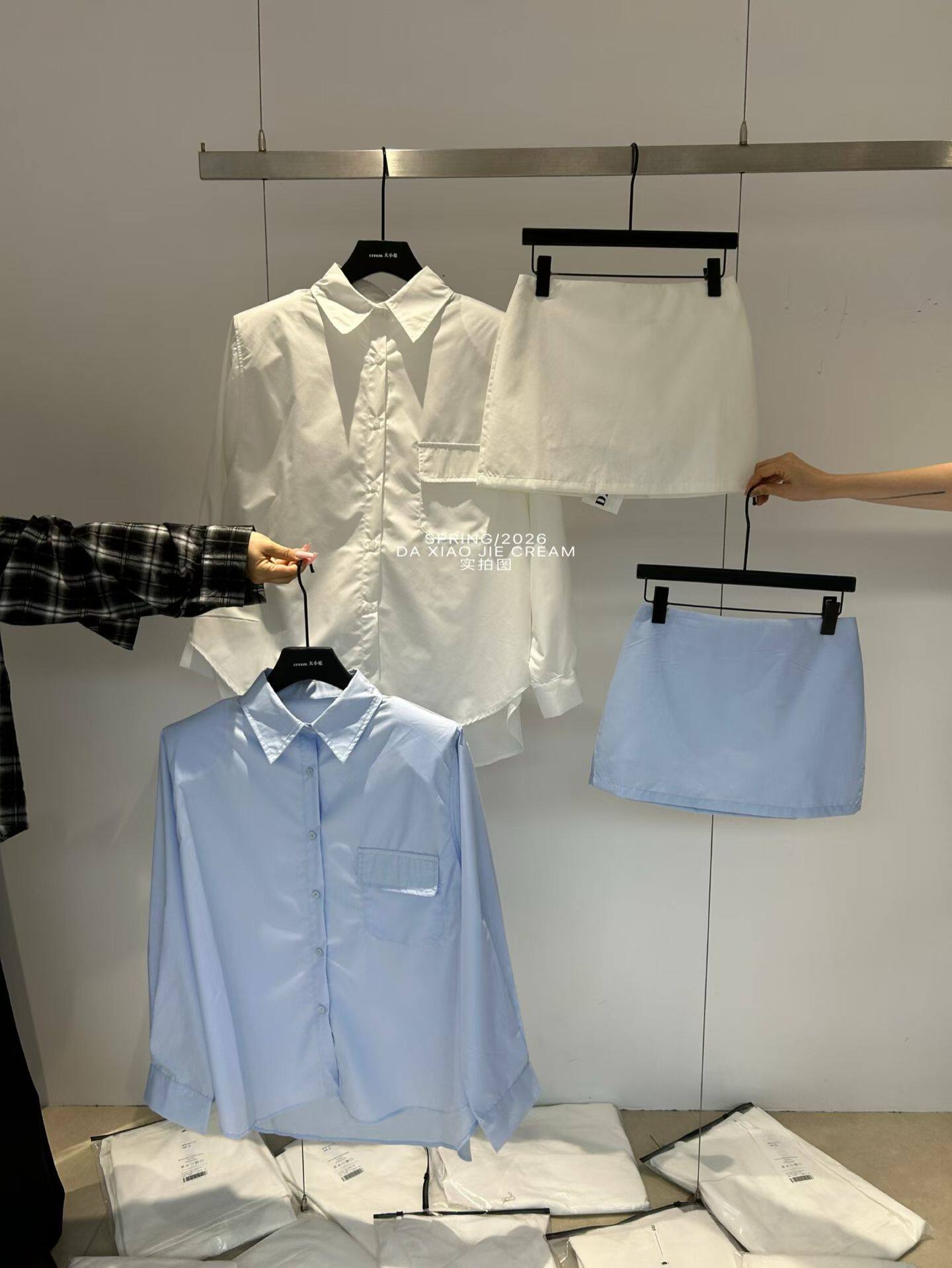 十三行2026春夏韩系简约宽松垫肩纯色衬衫高腰半裙套装两件套女