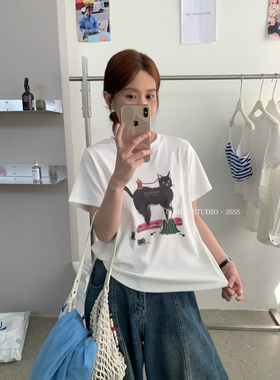 奶思家NICE STUDIO-2026夏上新韩系趣味猫咪印花宽松短袖T恤1227