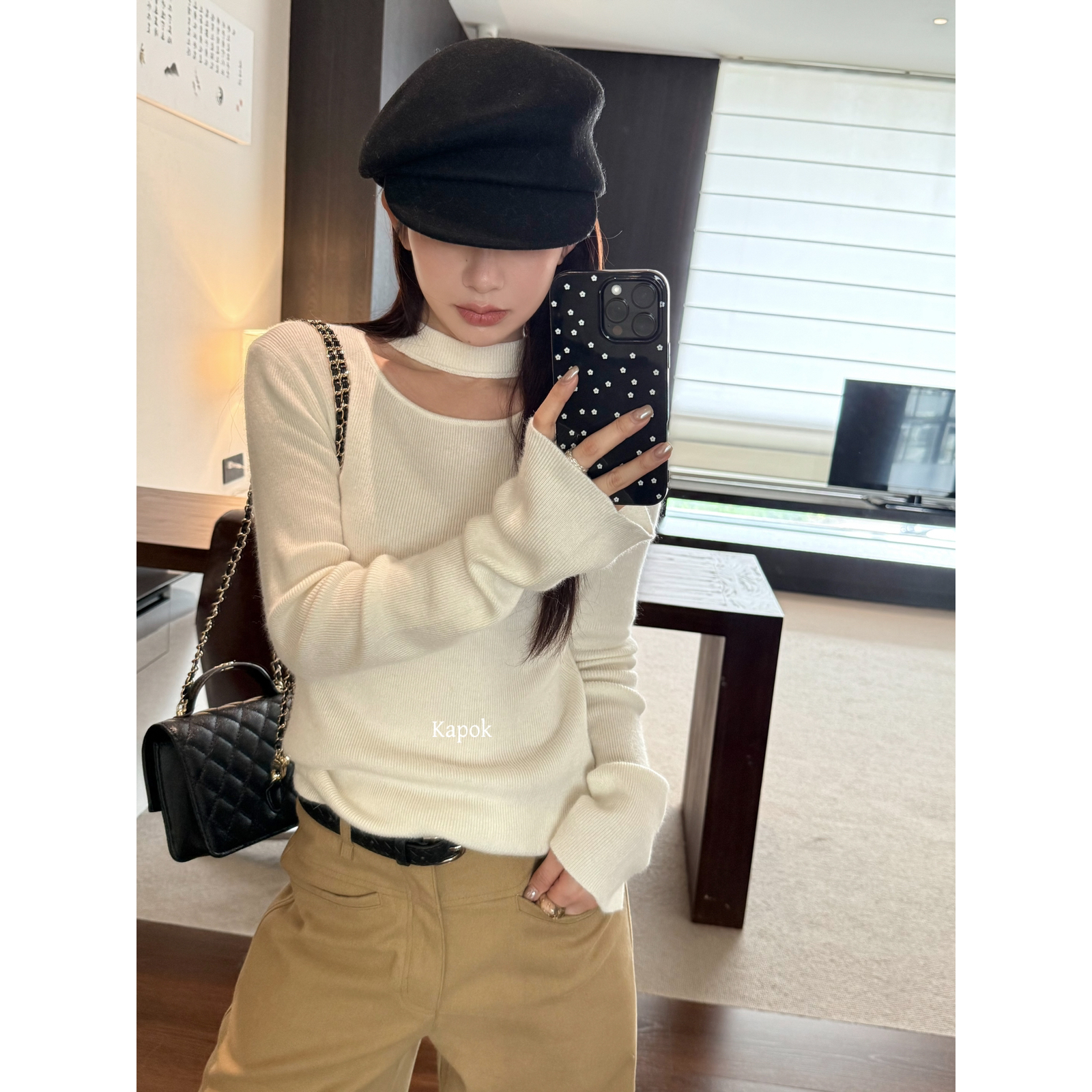 KAPOK-正品 韩版镂空挂脖显瘦打底针织衫（含30浣熊绒）25F955