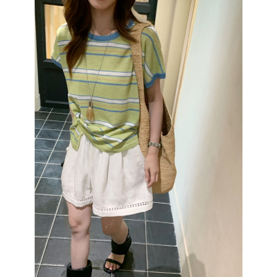 苏珊SUSAN 夏季韩系撞色贝壳扣设计圆领针织衫（含20棉料）5231s