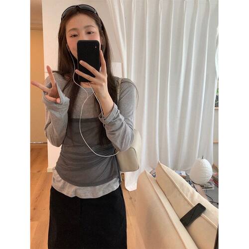 Allo Fu 撞色网纱拼接长袖圆领T恤女2026秋季女装新款上衣31362