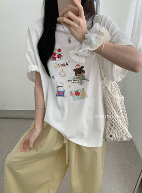 奶思家NICE STUDIO-2026夏上新韩系小熊印花宽松透气短袖T恤L8868