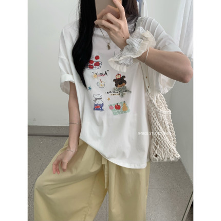 奶思家NICE STUDIO-2026夏上新韩系小熊印花宽松透气短袖T恤L8868