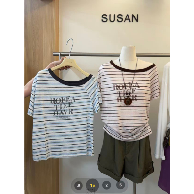 苏珊SUSAN 撞色条纹慵懒斜肩短袖T恤女2026夏季新款百搭上衣5280s