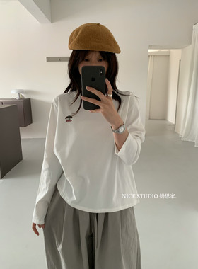奶思家NICE STUDIO-秋上新极简小狗刺绣百搭正肩长袖T恤3022-7