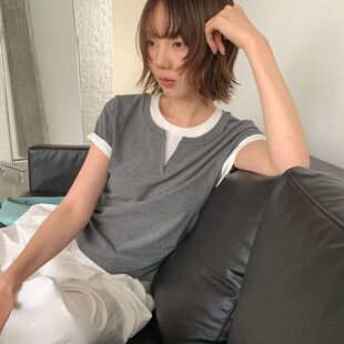 6UP春夏韩系撞色收腰T恤短袖女2026广州13行新款百搭上衣女60260