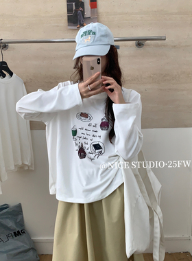秋上新【奶思家NICE STUDI】韩系蛋糕印花休闲百搭长袖T恤08697-1