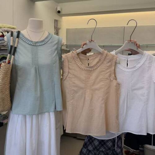 SUSAN 2026夏季新款木耳边设计短款无袖蕾丝薄款背心小衫女TT5057