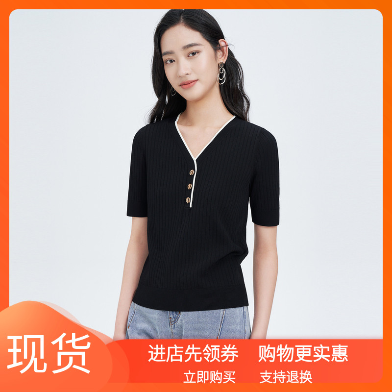 2025春夏新款显瘦通勤针织衫女V领短袖冰丝黑色针织上衣