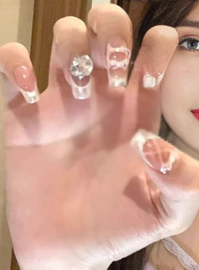 裸色法式芭蕾舞鞋纯手工穿戴甲美甲贴片爆闪晶石可拆卸显白甜酷