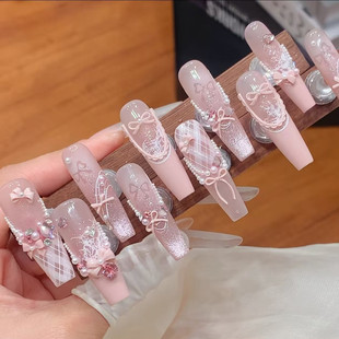 芭蕾重工甜美氛围感爱心钻石法式渐变猫眼菱格纹蝴蝶结穿戴甲美甲