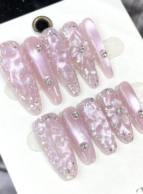 温柔优雅浅紫色渐变不规则猫眼浮雕冰花细闪亮片碎钻美甲穿戴甲