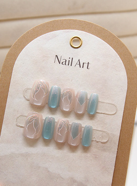 ins小清新追光猫眼美甲穿戴甲冰透水蓝色人鱼姬亮闪闪可拆卸美甲