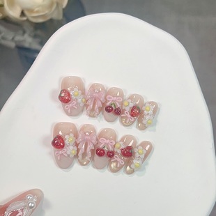 平价可爱甜美风美甲蝴蝶结小花朵 草莓园樱桃穿戴甲指尖猫眼夏季