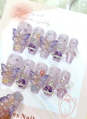 ins梦幻紫色美甲穿戴甲中长款蝴蝶星球镶钻立体浮雕高级感假指甲