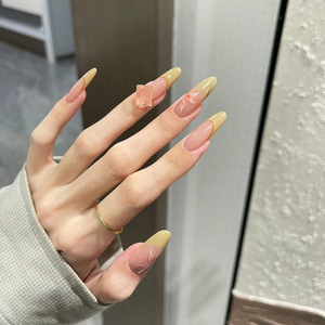 杏仁美甲穿戴甲长款法式裸粉抹茶绿带钻山茶花夏日显白成品指甲片