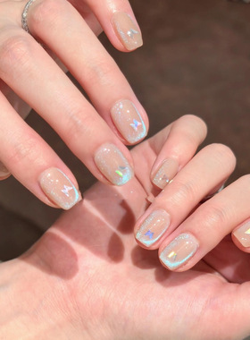 手工美甲贴穿戴甲短款ins极光冰透猫眼彩绘感蝴蝶冰蓝色假指甲片