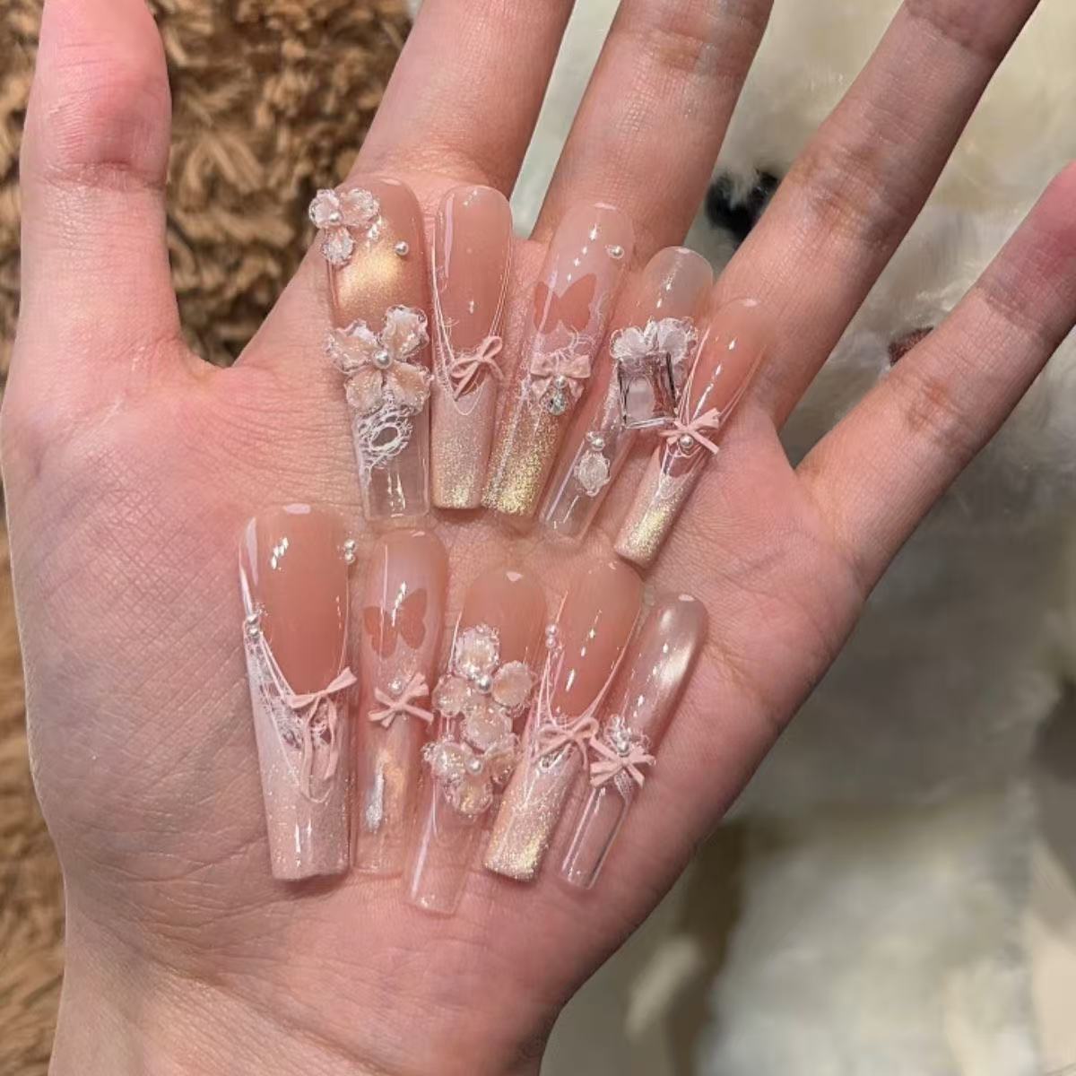芭蕾重工甜美氛围感爱心钻石美甲