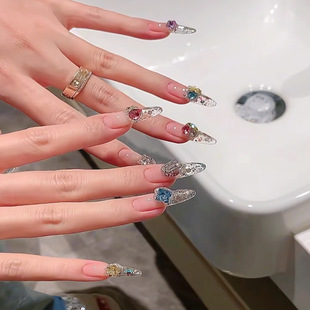 夏日多巴胺纯手工穿戴甲亮晶晶彩钻糖果汽水美甲贴片穿戴式 网红款