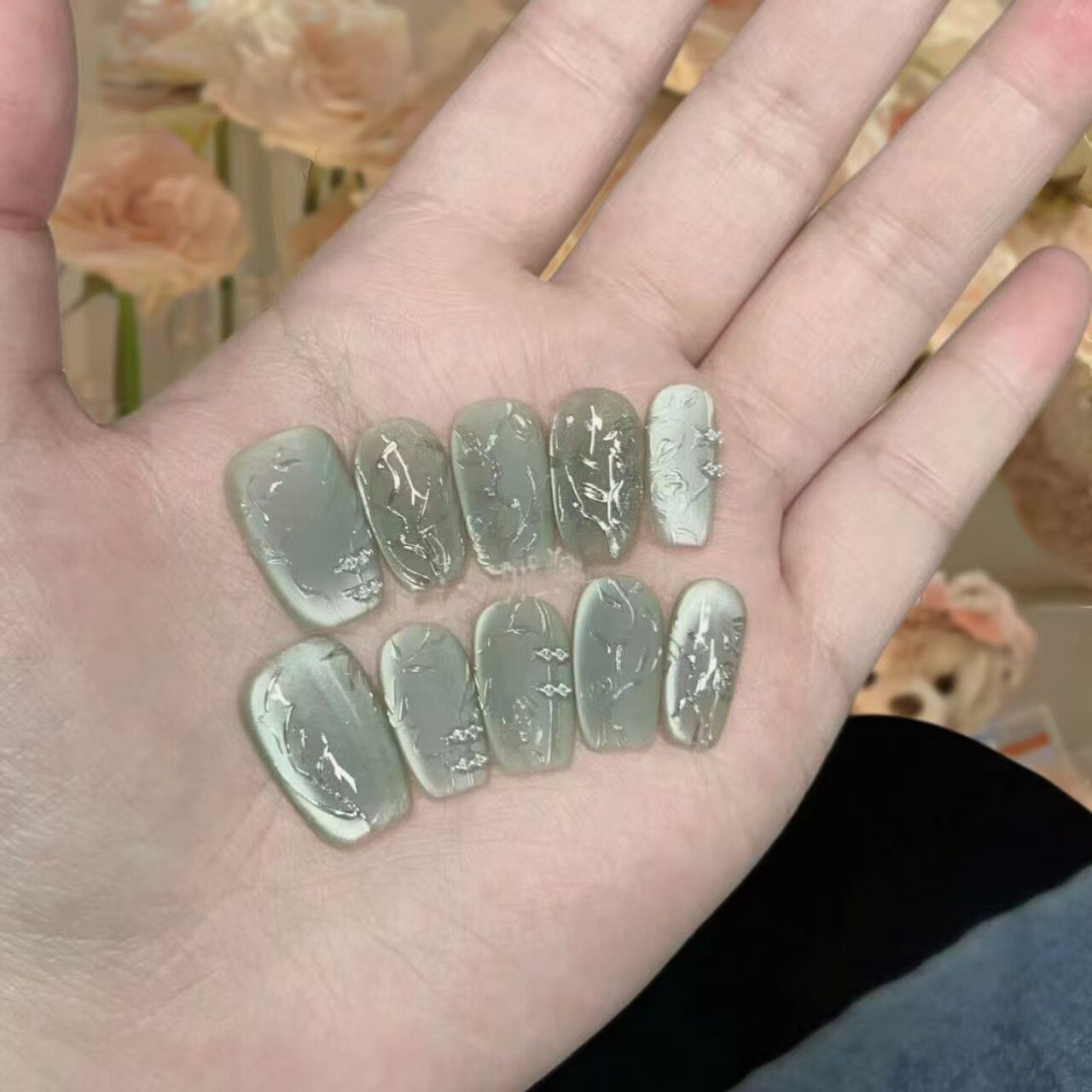 纯手工穿戴甲新中式国风国风翡翠绿猫清冷绿色显白高级感美甲贴片