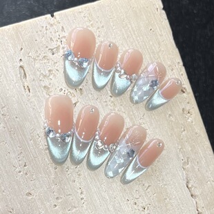 蓝色猫眼少女温柔冰透日常短甲春夏碎钻手工穿戴甲 海盐格纹法式