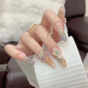 ins敦煌色系纯手工穿戴美甲长款极光山茶花温柔显白可拆卸美甲贴