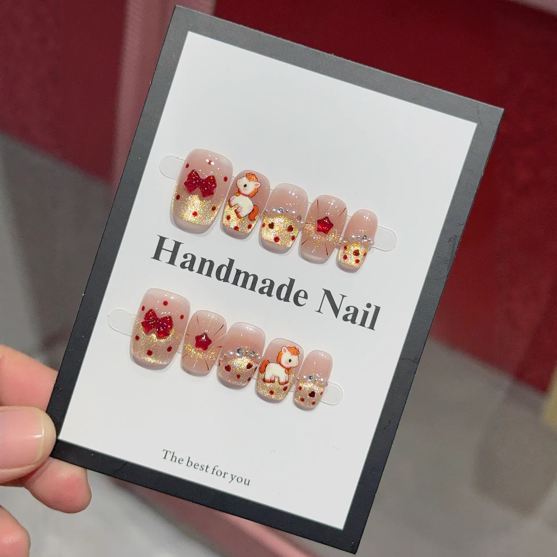 2026马年新款纯手工穿戴甲卡通可爱粉色闪粉猫眼过年美甲贴片高质,彩妆/香水/美妆工具,穿戴甲/甲片,淘宝优惠券,粉丝福利购,淘宝优惠卷