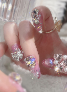 夏日ins紫色极光立体碎钻蝴蝶穿戴甲高级感带钻全钻珠公主风美甲