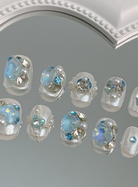 纯手工穿戴甲堆堆钻爆闪极光水蓝色重工轻奢高级感小众假指甲贴片