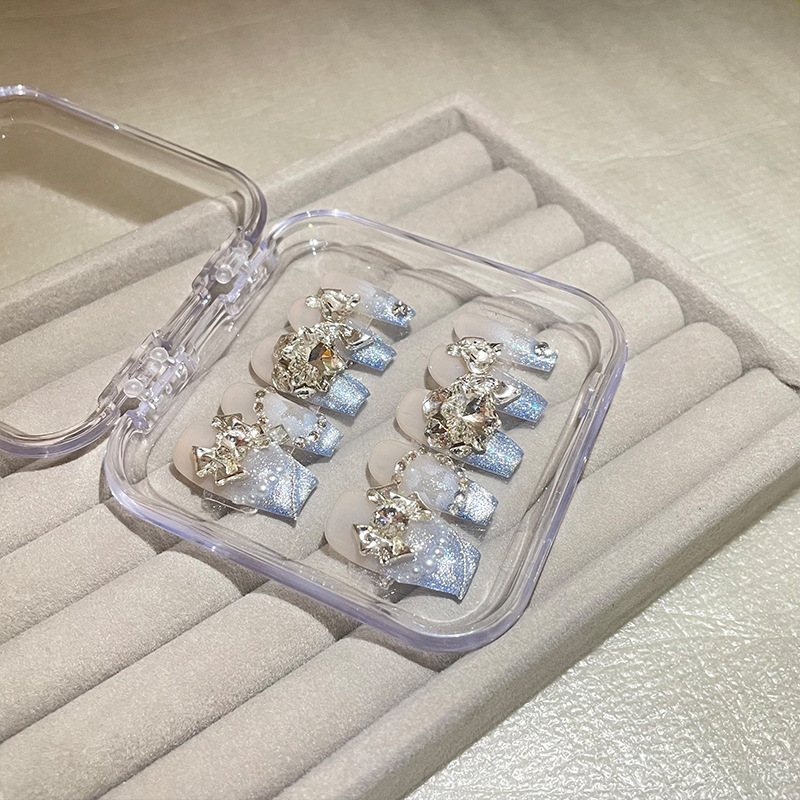蓝色镶合金冰透猫眼爆闪穿戴甲