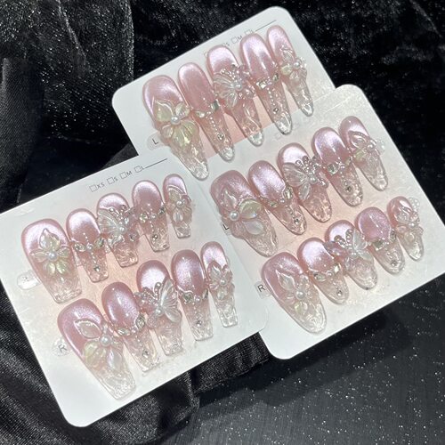 粉色猫眼花朵碎砖法式爆闪穿戴甲