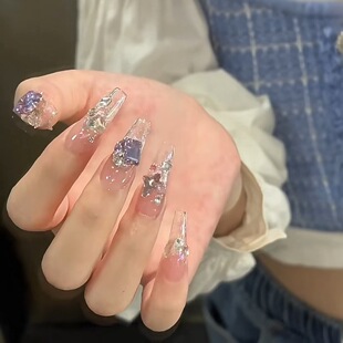 纯手工穿戴甲中长款高级感仲夏夜之梦蝴蝶闪钻假指甲甲片美甲贴片