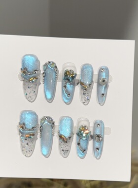 新款蓝色闪粉猫眼纯手工穿戴甲长椭圆水钻蝴蝶装饰高级感美甲甲片