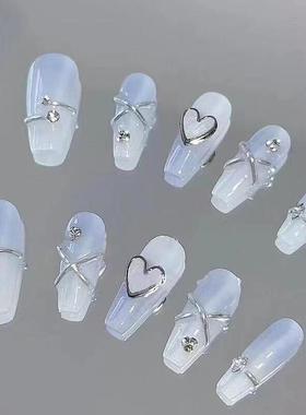 杏仁穿戴甲中长款法式冰透感奶蓝色渐变海盐椰奶冻简约小清新美甲