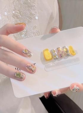冰糖晶石黄色猫眼质感欧尼满铺亮片魔镜碎钻星星纯欲气质显白美甲