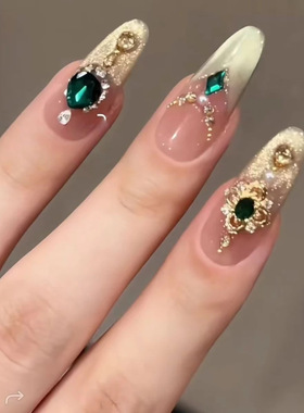 异域风情阿拉丁法式清透猫眼绿色碎钻气质感裸色可拆卸穿戴甲片