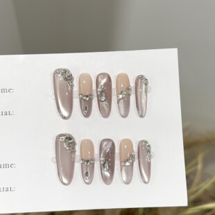 美甲贴片高级千金感 芭蕾风纯手工爆闪穿戴甲裸色水钻珍珠猫眼法式