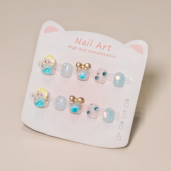 儿童穿戴甲小公主风蓝爱纱蝴蝶结带钻可爱少女心手工美甲成品小众