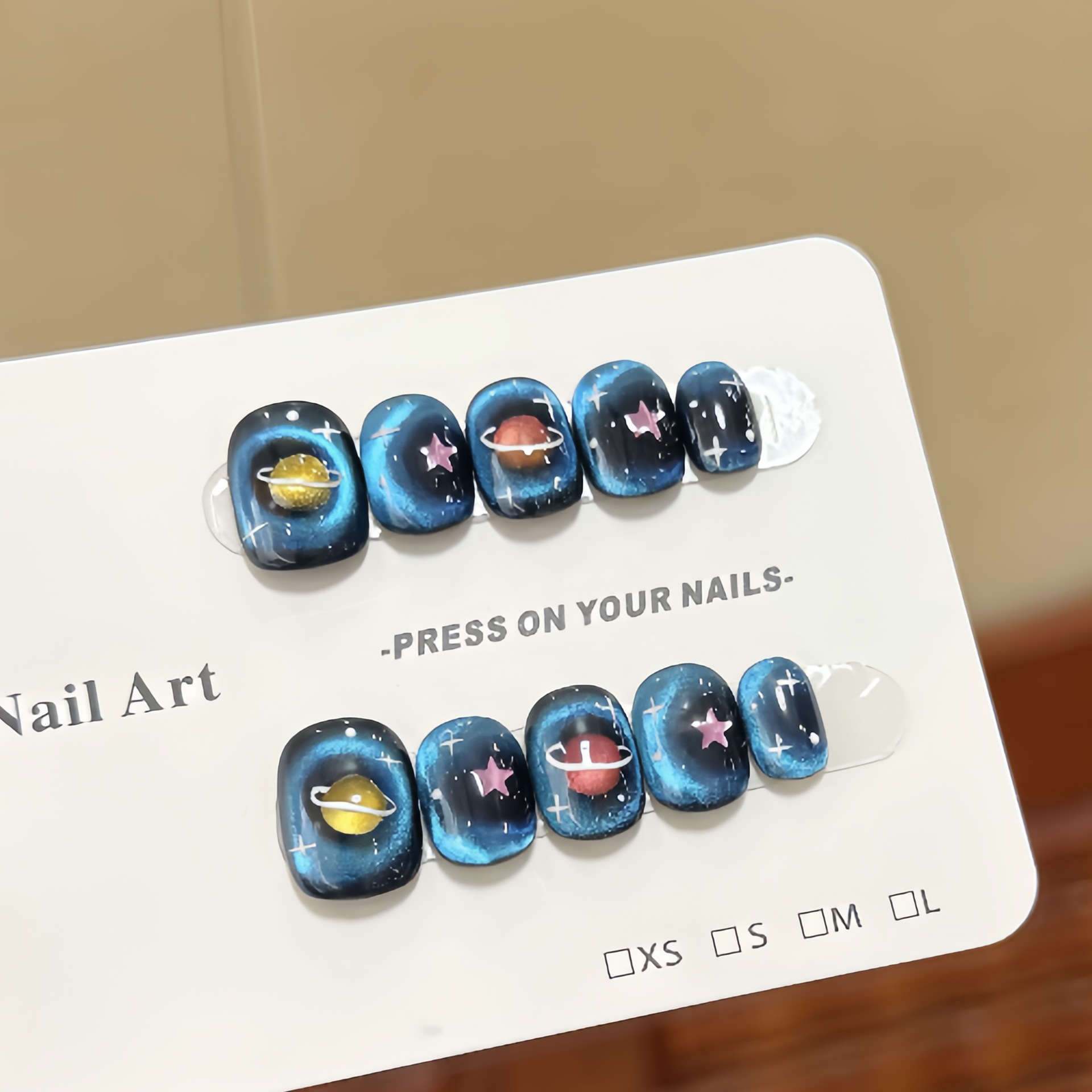 蓝色星球星星纯手工穿戴甲成品美甲高级感显白小众美甲贴片中长款