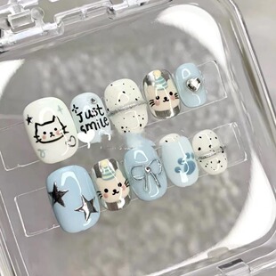 蓝白跳色可爱小猫猫涂鸦手绘卡通显白假指甲贴片 少女心穿戴甲短款